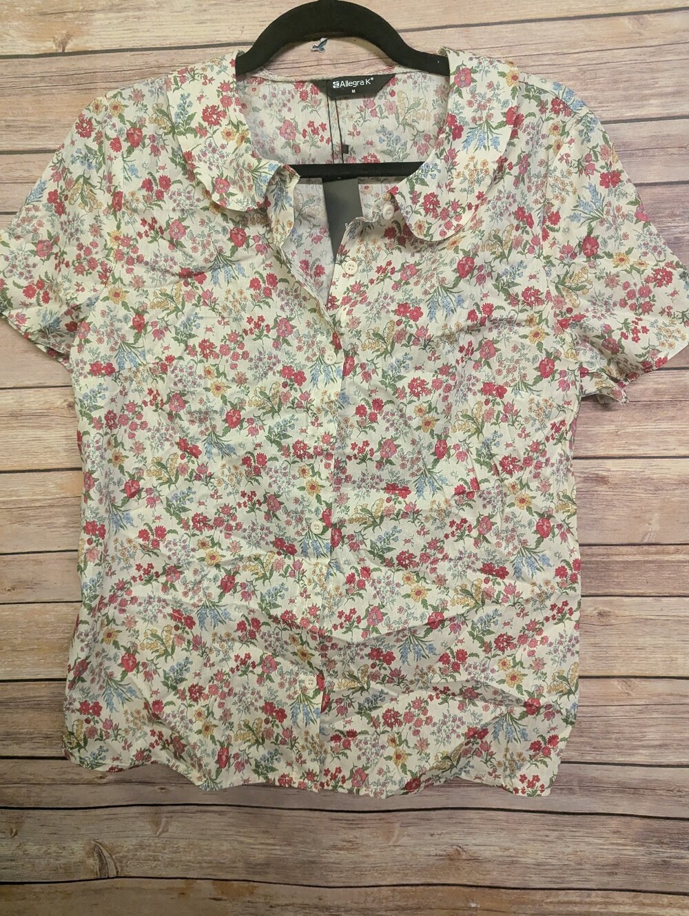 Allegra K Cream Floral Button Front Short Sleeve Blouse - Picture 2 of 7
